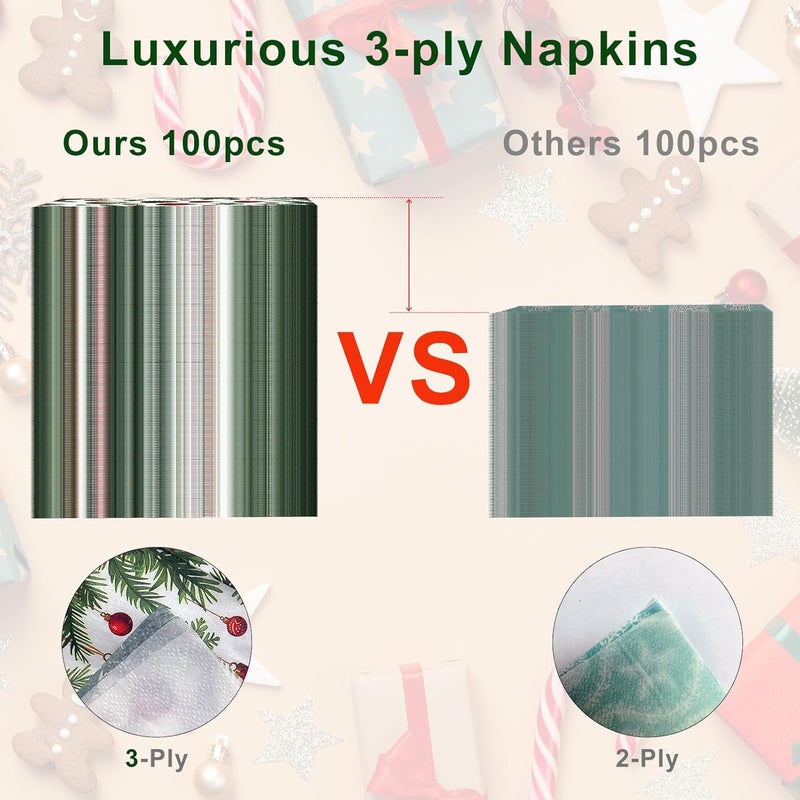 Tbsone 3-Ply Christmas Paper Napkins Disposable: Guest Dinner Hand Towels, Xmas Table Decorative for Bathroom Home Kitchen, Holiday Cocktail Party Decor, Red White Green (4.3x7.9 Inches, Count, 100) - Image 3